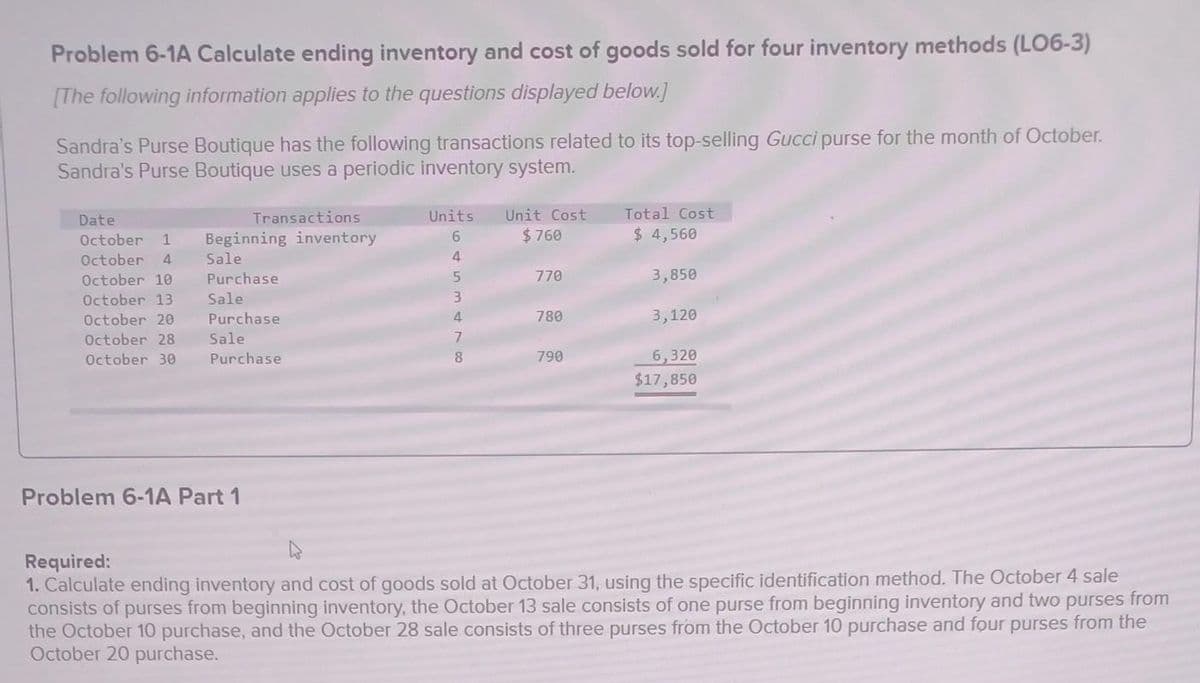 Problem 6-1A Calculate ending inventory and cost of goods sold for four inventory methods (LO6-3)
[The following information applies to the questions displayed below.]
Sandra's Purse Boutique has the following transactions related to its top-selling Gucci purse for the month of October.
Sandra's Purse Boutique uses a periodic inventory system.
Date
Transactions
October 1 Beginning inventory
October 4 Sale
October 10
October 13
October 20
October 28 Sale
October 30
Purchase
Sale
Purchase
Purchase
Problem 6-1A Part 1
Units
6453478
Unit Cost
$760
770
780
790
Total Cost
$4,560
3,850
3,120
6,320
$17,850
Required:
1. Calculate ending inventory and cost of goods sold at October 31, using the specific identification method. The October 4 sale
consists of purses from beginning inventory, the October 13 sale consists of one purse from beginning inventory and two purses from
the October 10 purchase, and the October 28 sale consists of three purses from the October 10 purchase and four purses from the
October 20 purchase.