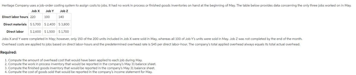 Heritage Company uses a job-order costing system to assign costs to jobs. It had no work in process or finished goods inventories on hand at the beginning of May. The table below provides data concerning the only three jobs worked on in May.
Job X Job Y Job Z
220
100
140
Direct labor hours
Direct materials
$5,700 $2,400 $3,800
Direct labor
$ 2,600 $1,500 $1,700
Jobs X and Y were completed in May; however, only 150 of the 200 units included in Job X were sold in May, whereas all 100 of Job Y's units were sold in May. Job Z was not completed by the end of the month.
Overhead costs are applied to jobs based on direct labor-hours and the predetermined overhead rate is $45 per direct labor-hour. The company's total applied overhead always equals its total actual overhead.
Required:
1. Compute the amount of overhead cost that would have been applied to each job during May.
2. Compute the work in process inventory that would be reported in the company's May 31 balance sheet.
3. Compute the finished goods inventory that would be reported in the company's May 31 balance sheet.
4. Compute the cost of goods sold that would be reported in the company's income statement for May.