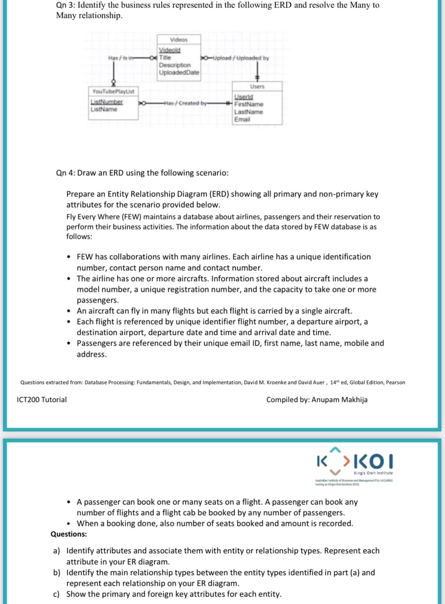 Qn 3: Identify the business rules represented in the following ERD and resolve the Many to
Many relationship.
Videos
Videold
Title
Description
UploadedDate
Has s in
-Upload /Uploaded by
Users
YouTubePlayList
Userld
FirstName
LastName
Email
ListNumber
o Has/Created by-
ListName
Qn 4: Draw an ERD using the following scenario:
Prepare an Entity Relationship Diagram (ERD) showing all primary and non-primary key
attributes for the scenario provided below.
Fly Every Where (FEW) maintains a database about airlines, passengers and their reservation to
perform their business activities. The information about the data stored by FEW database is as
follows:
• FEW has collaborations with many airlines. Each airline has a unique identification
number, contact person name and contact number.
• The airline has one or more aircrafts. Information stored about aircraft includes a
model number, a unique registration number, and the capacity to take one or more
passengers.
• An aircraft can fly in many flights but each flight is carried by a single aircraft.
• Each flight is referenced by unique identifier flight number, a departure airport, a
destination airport, departure date and time and arrival date and time.
• Passengers are referenced by their unique email ID, first name, last name, mobile and
address.
Questions extracted from: Database Processing: Fundamentals, Design, and Implementation, David M. Kroenke and David Auer, 14th ed, Global Edition, Pearson
ICT200 Tutorial
Compiled by: Anupam Makhija
K >KOI
King's Own Institute
dn d ty ng
ing om p
• A passenger can book one or many seats on a flight. A passenger can book any
number of flights and a flight cab be booked by any number of passengers.
When a booking done, also number of seats booked and amount is recorded.
Questions:
a) Identify attributes and associate them with entity or relationship types. Represent each
attribute in your ER diagram.
b) Identify the main relationship types between the entity types identified in part (a) and
represent each relationship on your ER diagram.
c) Show the primary and foreign key attributes for each entity.
