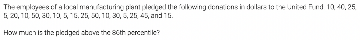 The employees of a local manufacturing plant pledged the following donations in dollars to the United Fund: 10, 40, 25,
5, 20, 10, 50, 30, 10, 5, 15, 25, 50, 10, 30, 5, 25, 45, and 15.
How much is the pledged above the 86th percentile?
