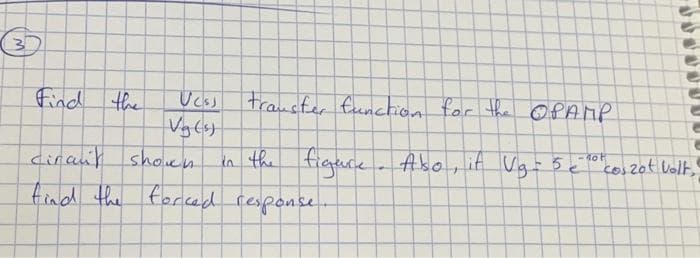 Find the
Ucss transfer function for the OPAMP
shoch
in the figure
Abo, if Vg 5 ė o cos2ot Vol,
tind the forcad response
