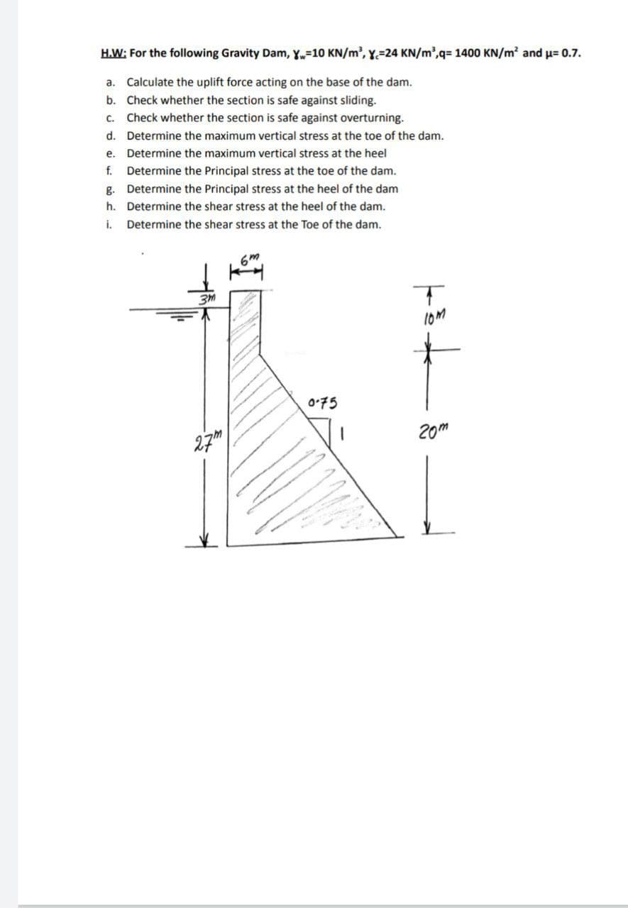 H.W: For the following Gravity Dam, Y=10 KN/m³, y=24 KN/m³,q= 1400 KN/m² and μ= 0.7.
a. Calculate the uplift force acting on the base of the dam.
b. Check whether the section is safe against sliding.
c. Check whether the section is safe against overturning.
d.
Determine the maximum vertical stress at the toe of the dam.
e. Determine the maximum vertical stress at the heel
f. Determine the Principal stress at the toe of the dam.
g. Determine the Principal stress at the heel of the dam
h. Determine the shear stress at the heel of the dam.
Determine the shear stress at the Toe of the dam.
i.
эт
6m
T
27m
0.75
10m
20m