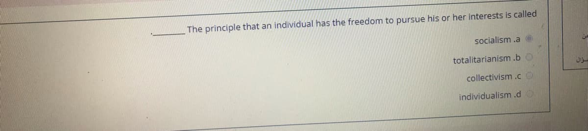 The principle that an individual has the freedom to pursue his or her interests is called
socialism .a O
totalitarianism .b O
collectivism .c O
individualism .d O
