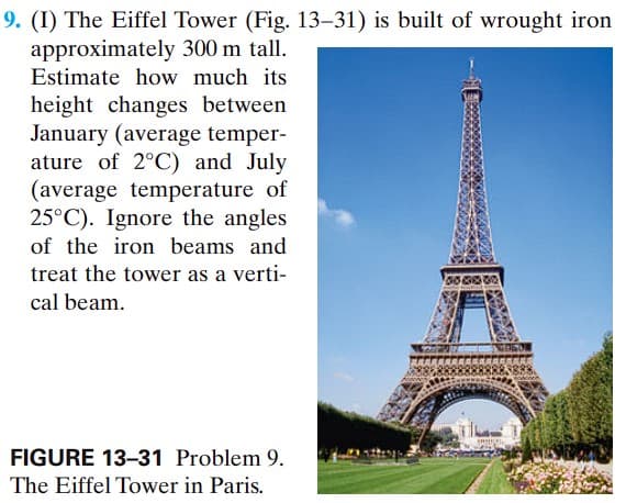 9. (I) The Eiffel Tower (Fig. 13-31) is built of wrought iron
approximately 300 m tall.
Estimate how much its
height changes between
January (average temper-
ature of 2°C) and July
(average temperature of
25°C). Ignore the angles
of the iron beams and
treat the tower as a verti-
cal beam.
450000
je
FIGURE 13-31 Problem 9.
The Eiffel Tower in Paris.