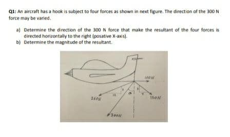 Q1: An aircraft has a hook is subject to four forces as shown in next figure. The direction of the 300 N
force may be varied.
a) Determine the direction of the 300N force that make the resultant of the four forces is
directed horizontally to the right (posative X-axis).
b) Determine the magnitude of the resultant.
