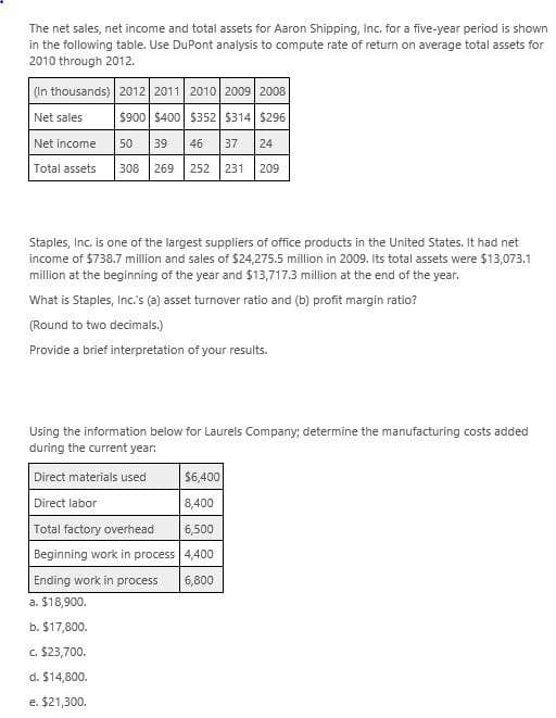 The net sales, net income and total assets for Aaron Shipping, Inc. for a five-year period is shown
in the following table. Use DuPont analysis to compute rate of return on average total assets for
2010 through 2012.
(In thousands) 2012 2011 2010 2009 2008
$900 $400 $352 $314 $296
Net sales
Net income 50 39 46 37 24
Total assets
308 269 252 231 209
Staples, Inc. is one of the largest suppliers of office products in the United States. It had net
income of $738.7 million and sales of $24,275.5 million in 2009. Its total assets were $13,073.1
million at the beginning of the year and $13,717.3 million at the end of the year.
What is Staples, Inc.'s (a) asset turnover ratio and (b) profit margin ratio?
(Round to two decimals.)
Provide a brief interpretation of your results.
Using the information below for Laurels Company; determine the manufacturing costs added
during the current year:
Direct materials used
$6,400
Direct labor
8,400
Total factory overhead
6,500
Beginning work in process 4,400
Ending work in process
a. $18,900.
b. $17,800.
c. $23,700.
d. $14,800.
e. $21,300.
6,800