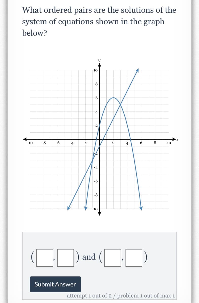 What ordered pairs are the solutions of the
system of equations shown in the graph
below?
y
10
8
6
4
-10
-8
-6
-4
-2
2
8
10
-4
-6
-8
-10
and (
Submit Answer
attempt 1 out of 2/ problem 1 out of max 1
