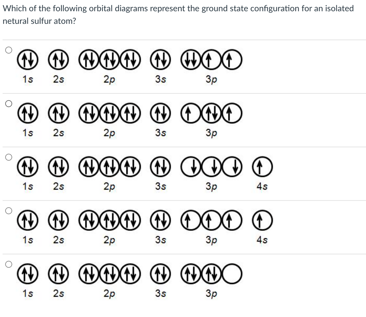 Which of the following orbital diagrams represent the ground state configuration for an isolated
netural sulfur atom?
↑ ↑ NNN ↑ HOO
1s 2s
2p
3s
3p
N N NNN
1s 2s
2p
3s
ONO
3p
↑ ↑ NNN ↑ 000 +
1s 2s
2p
3s
4s
3p
↑ ↑ NNN ↑ ✪✪✪ ✪
1s 2s
2p
3s
3p
4s
↑ ↑ NNN 1 ANO
1s 2s
2p
3s
3p