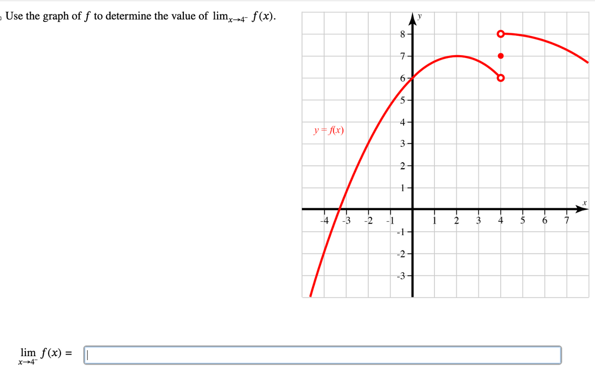 Use the graph of f to determine the value of limx→4- f(x).
lim f(x) =
x→4
y = f(x)
-4 -3
-2
-1
8-
7-
6
10
5-
4-
3-
2-
1
-1
-2-
-3-
-№
2
3
4
5
6