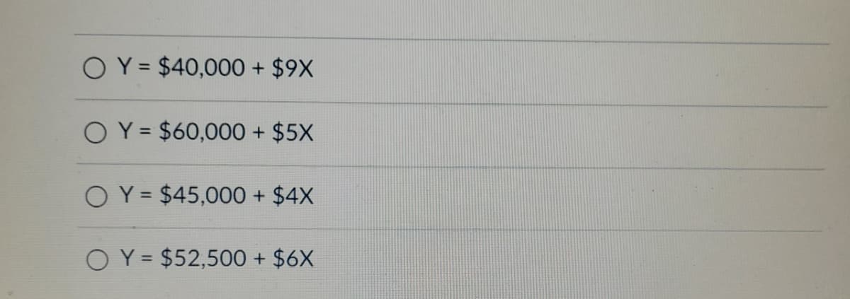 OY= $40,000 + $9X
OY= $60,000 + $5X
OY= $45,000 + $4X
OY= $52,500 + $6X