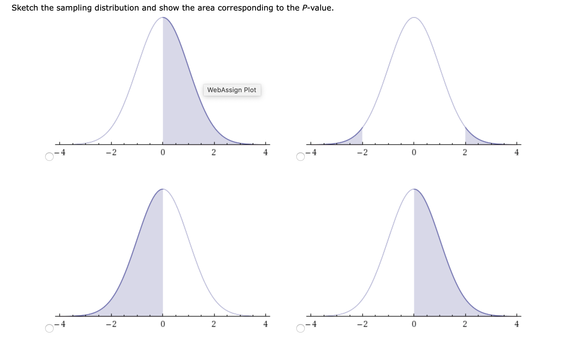 ### Understanding Sampling Distributions and P-Values

In this exercise, we aim to illustrate how to sketch the sampling distribution and identify the area corresponding to the P-value. Below are different visual representations of sampling distributions with shaded regions indicating various areas.

#### Diagram Descriptions:

1. **Top-left Diagram**:
    - **Description**: A bell-shaped normal distribution curve centered at zero, extending between -4 and 4 on the x-axis.
    - **Shaded Area**: The central part of the distribution is shaded from -2 to 2. This represents a common confidence interval, typically capturing a certain percentage (e.g., 95%) of the data if standard normal distribution applies.
    - **Interpretation**: This shaded area indicates a scenario where a large proportion of the sampling distribution falls within these bounds, reflecting a high-confidence interval in a hypothesis test.

2. **Top-right Diagram**:
    - **Description**: Similarly, a bell-shaped normal distribution curve centered at zero, extending between -4 and 4 on the x-axis.
    - **Shaded Area**: There are two narrow shaded areas in the tails of the distribution, one between -2 and -1.5 and the other between 1.5 and 2. This represents the areas in the tails, which are usually associated with low probabilities (the P-values).
    - **Interpretation**: This represents a two-tailed test case where the P-value is derived from the extreme ends (tails) of the distribution, often implying critical regions in hypothesis testing.

3. **Bottom-left Diagram**:
    - **Description**: Another bell-shaped normal distribution curve centered at zero, extending between -4 and 4 on the x-axis.
    - **Shaded Area**: The area shaded here is from zero to 4, covering the right half of the distribution.
    - **Interpretation**: This shading represents a one-tailed test where the P-value is in the right end of the distribution, used when testing hypotheses for deviations in one direction (positive).

4. **Bottom-right Diagram**:
    - **Description**: Again, a bell-shaped normal distribution curve centered at zero, extending between -4 and 4 on the x-axis.
    - **Shaded Area**: The shaded area here is the left half of the distribution from -4 to 0.
    - **Interpretation**: This reflects a one-tailed test for the