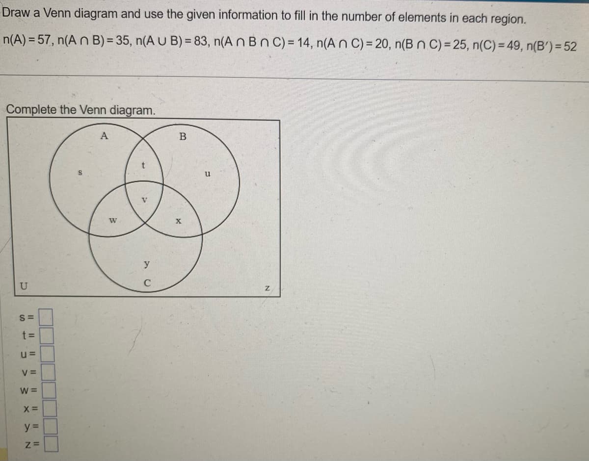 Draw a Venn diagram and use the given information to fill in the number of elements in each region.
n(A) = 57, n(An B) = 35, n(AUB) = 83, n(An Bn C) = 14, n(An C) = 20, n(B n C) = 25, n(C)= 49, n(B') = 52
Complete the Venn diagram.
U
S=
t=
u=
V =
W =
X =
y =
Z=
A
W
49
y
C
B
X
u
Z