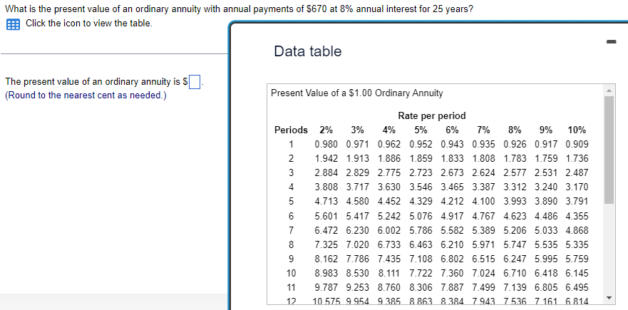 What is the present value of an ordinary annuity with annual payments of $670 at 8% annual interest for 25 years?
Click the icon to view the table.
The present value of an ordinary annuity is S
(Round to the nearest cent as needed.)
Data table
Present Value of a $1.00 Ordinary Annuity
1
2
3
Rate per period
Periods 2% 3% 4% 5% 6% 7% 8% 9% 10%
0.980 0.971 0.962 0.952 0.943 0.935 0.926 0.917 0.909
1.942 1.913 1.886 1.859 1.833 1.808 1.783 1.759 1.736
2.884 2.829 2.775 2.723 2.673 2.624 2.577 2.531 2.487
3.808 3.717 3.630 3.546 3.465 3.387 3.312 3.240 3.170
4.713 4.580 4.452 4.329 4.212 4.100 3.993 3.890 3.791
5.601 5.417 5.242 5.076 4.917 4.767 4.623 4.486 4.355
6.472 6.230 6.002 5.786 5.582 5.389 5.206 5.033 4.868
7.325 7.020 6.733 6.463 6.210 5.971 5.747 5.535 5.335
8.162 7.786 7.435 7.108 6.802 6.515 6.247 5.995 5.759
8.983 8.530 8.111 7.722 7.360 7.024 6.710 6.418 6.145
9.787 9.253 8.760 8.306 7.887 7.499 7.139 6.805 6.495
10 575 9 954 9 385 8 863 8 384 7943 7536 7161 6814
4
5
6
7
8
9
10
11
12