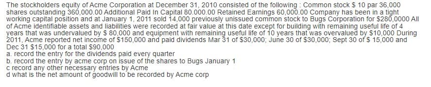 The stockholders equity of Acme Corporation at December 31, 2010 consisted of the following: Common stock $ 10 par 36,000
shares outstanding 360,000.00 Additional Paid In Capital 80.000.00 Retained Earnings 60,000.00 Company has been in a tight
working capital position and at January 1, 2011 sold 14,000 previously unissued common stock to Bugs Corporation for $280,0000 All
of Acme identifiable assets and liabilities were recorded at fair value at this date except for building with remaining useful life of 4
years that was undervalued by $ 80,000 and equipment with remaining useful life of 10 years that was overvalued by $10,000 During
2011, Acme reported net income of $150,000 and paid dividends Mar 31 of $30,000; June 30 of $30,000; Sept 30 of $ 15,000 and
Dec 31 $15,000 for a total $90,000
a. record the entry for the dividends paid every quarter
b. record the entry by acme corp on issue of the shares to Bugs January 1
c record any other necessary entries by Acme
d what is the net amount of goodwill to be recorded by Acme corp