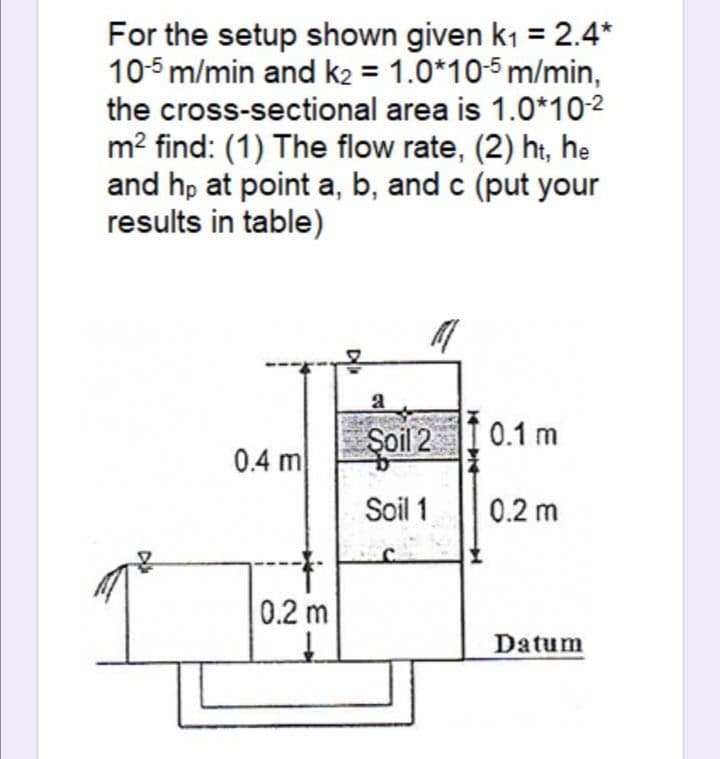 For the setup shown given k1 = 2.4*
105 m/min and k2 = 1.0*10-5 m/min,
the cross-sectional area is 1.0*10-2
m2 find: (1) The flow rate, (2) ht, he
and hp at point a, b, and c (put your
results in table)
Şoil 2
If 0.1 m
0.4 m
Soil 1
0.2 m
0.2 m
Datum
