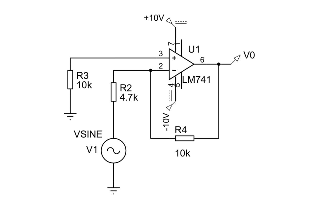 +10V,
U1
3
+
VO
R3
10k
LM741
R2
4.7k
R4
VSINE
V1
10k
A0L-
