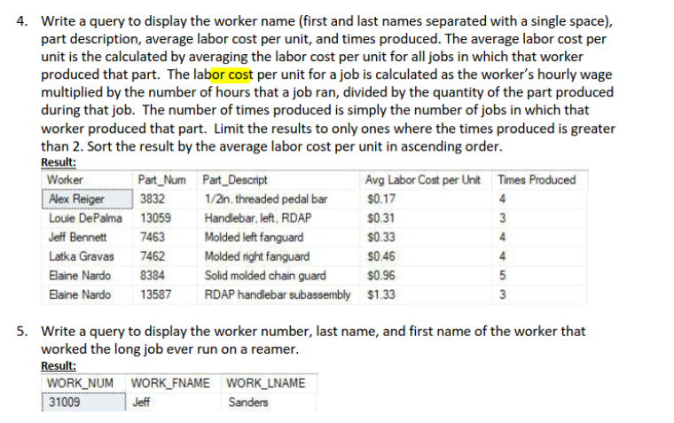 4. Write a query to display the worker name (first and last names separated with a single space),
part description, average labor cost per unit, and times produced. The average labor cost per
unit is the calculated by averaging the labor cost per unit for all jobs in which that worker
produced that part. The labor cost per unit for a job is calculated as the worker's hourly wage
multiplied by the number of hours that a job ran, divided by the quantity of the part produced
during that job. The number of times produced is simply the number of jobs in which that
worker produced that part. Limit the results to only ones where the times produced is greater
than 2. Sort the result by the average labor cost per unit in ascending order.
Result:
Worker
Part_Num Part Descript
Avg Labor Cost per Unit Times Produced
Alex Reiger
3832
1/2in. threaded pedal bar
$0.17
4
Louie DePalma 13059
Handlebar, left, RDAP
$0.31
3
Jeff Bennett
7463
Molded left fanguard
$0.33
4
Latka Gravas
7462
Molded right fanguard
$0.46
4
Blaine Nardo
8384
Solid molded chain guard
$0.96
5
Elaine Nardo
13587
RDAP handlebar subassembly $1.33
3
5. Write a query to display the worker number, last name, and first name of the worker that
worked the long job ever run on a reamer.
Result:
WORK NUM WORK_FNAME WORK_LNAME
31009
Jeff
Sanders
