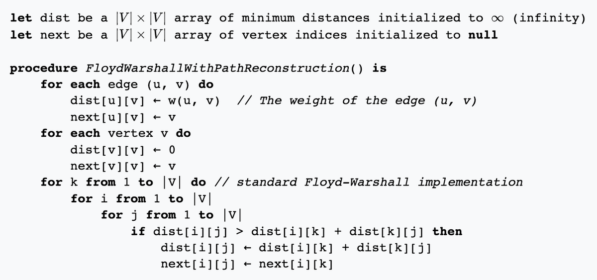 let dist be a |V| × |V| array of minimum distances initialized to ∞ (infinity)
let next be a |V × |V] array of vertex indices initialized to null
procedure FloydWarshallWithPathReconstruction() is
for each edge (u, v) do
dist[u][v]
w (u, v)
// The weight of the edge (u, v)
next[u][v] + v
for each vertex v do
dist[v][v]
+ 0
next[v][v]
V
for k from 1 to v do // standard Floyd-Warshall implementation
for i from 1 to v
for j from 1 to v
if dist[i][j] > dist[i][k] + dist[k][j] then
dist[i][j]
dist[i][k] + dist[k][j]
next[i][k]
next[i][j]
