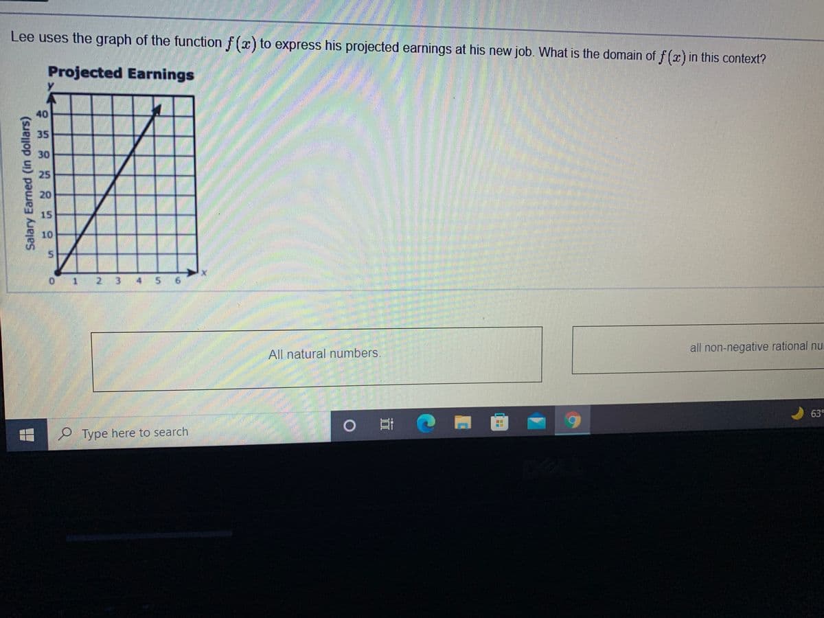 Lee uses the graph of the function f(x) to express his projected earnings at his new job. What is the domain of f(x) in this context?
Projected Earnings
40
35
30
25
20
15
10
5 6
all non-negative rational nu
All natural numbers.
63
耳
O Type here to search
Salary Earned (in dollars)
