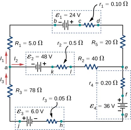 0.10 Ω
E1 = 24 V
+
R, = 5.0 2
, = 0.5 Q
12
R5 = 20 N
12
E, = 48 V
R2 = 40 N
a
e
13
0.20 N
R = 78 Q
f
13 = 0.05 N
E= 36 V
Ez = 6.0 V
g
hị
