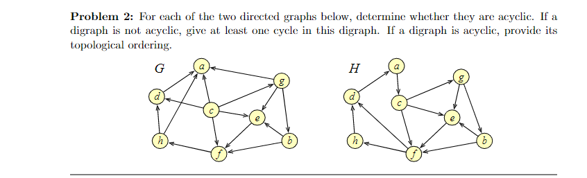 Problem 2: For each of the two directed graphs below, determine whether they are acyclic. If a
digraph is not acyclic, give at least one cycle in this digraph. If a digraph is acyclic, provide its
topological ordering.
h
(B)
H
h