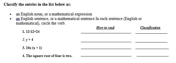 Classify the entries in the list below as:
• an English noun, or a mathematical expression
• an English sentence, or a mathematical sentence In each sentence (English or
mathematical), circle the verb.
How to read
Classification
1. 12-12=24
2. y + 4
3. 10x (x + 1)
4. The square root of four is two.
