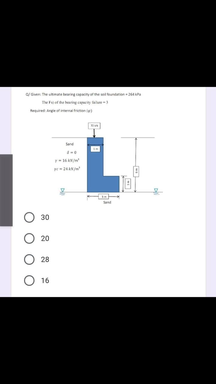 Q/ Given: The ultimate bearing capacity of the soil foundation = 264 kPa
The Fs) of the bearing capacity failure =3
Required: Angle of internal friction (@)
72 kN
Sand
S = 0
y = 16 kN/m
yc = 24 kN/m
Sand
30
28
16
20
