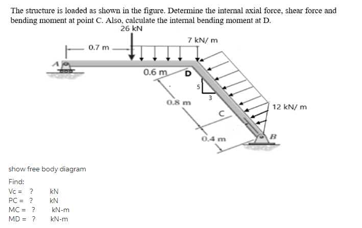 The structure is loaded as shown in the figure. Determine the internal axial force, shear force and
bending moment at point C. Also, calculate the internal bending moment at D.
26 kN
7 kN/ m
0.7 m
0.6 m
0.8 m
12 kN/ m
0.4 m
show free body diagram
Find:
Vc = ?
kN
PC = ?
kN
MC = ?
kN-m
MD = ?
kN-m
