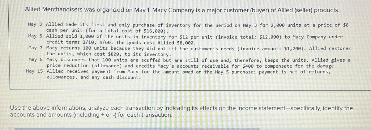 Allied Merchandisers was organized on May 1. Macy Company is a major customer (buyer) of Allied (seller) products.
May 3 Allied made its first and only purchase of inventory for the period on May 3 for 2,000 units at a price of $8
cash per unit (for a total cost of $16,000).
May 5 Allied sold 1,000 of the units in inventory for $12 per unit (invoice total: $12,000) to Macy Company under
credit terms 2/10, n/60. The goods cost Allied $8,000.
May 7 Macy returns 100 units because they did not fit the customer's needs (invoice amount: $1,200). Allied restores
the units, which cost $800, to its inventory.
May 8 Macy discovers that 100 units are scuffed but are still of use and, therefore, keeps the units. Allied gives a
price reduction (allowance) and credits Macy's accounts receivable for $400 to compensate for the damage.
May 15 Allied receives payment from Macy for the amount owed on the May 5 purchase; payment is net of returns,
allowances, and any cash discount.
Use the above informations, analyze each transaction by indicating its effects on the income statement-specifically, identify the
accounts and amounts (including + or -) for each transaction.