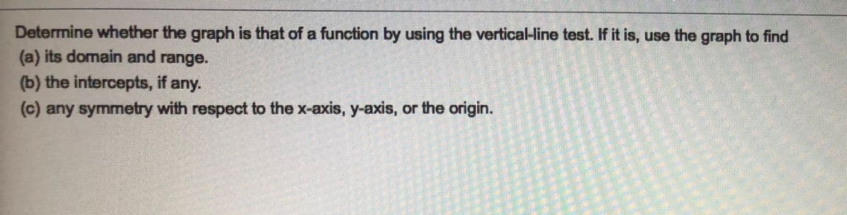 Determine whether the graph is that of a function by using the vertical-line test. If it is, use the graph to find
(a) its domain and range.
(b) the intercepts, if any.
(c) any symmetry with respect to the x-axis, y-axis, or the origin.

