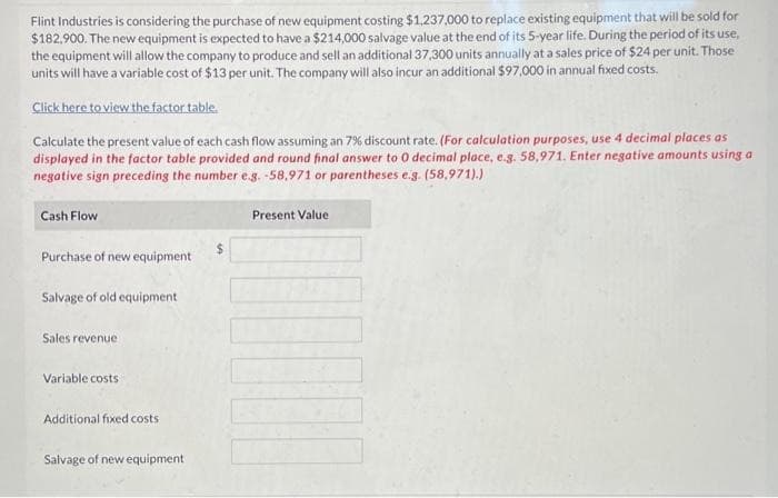 Flint Industries is considering the purchase of new equipment costing $1,237,000 to replace existing equipment that will be sold for
$182,900. The new equipment is expected to have a $214,000 salvage value at the end of its 5-year life. During the period of its use,
the equipment will allow the company to produce and sell an additional 37,300 units annually at a sales price of $24 per unit. Those
units will have a variable cost of $13 per unit. The company will also incur an additional $97,000 in annual fixed costs.
Click here to view the factor table.
Calculate the present value of each cash flow assuming an 7% discount rate. (For calculation purposes, use 4 decimal places as
displayed in the factor table provided and round final answer to 0 decimal place, e.g. 58,971. Enter negative amounts using a
negative sign preceding the number e.g. -58,971 or parentheses e.g. (58,971).)
Cash Flow
Purchase of new equipment
Salvage of old equipment
Sales revenue
Variable costs
Additional fixed costs
Salvage of new equipment
Present Value
