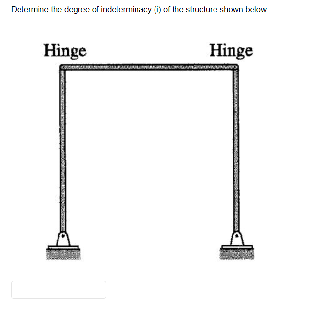 Determine the degree of indeterminacy (i) of the structure shown below:
Hinge
Hinge
