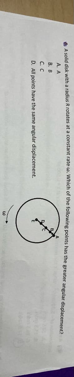 А. А
A
В. В
С. С
D. All points have the same angular displacement.
