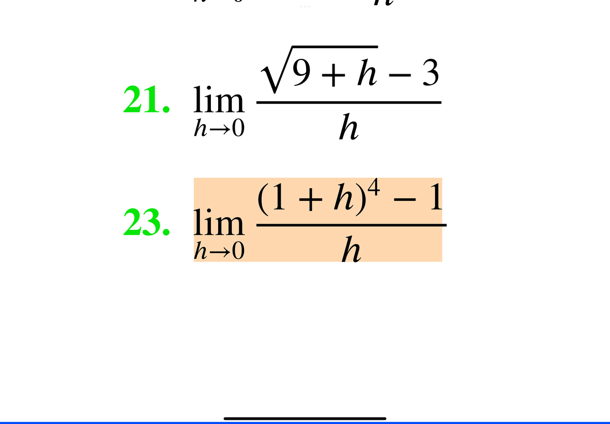 V9 + h – 3
21. lim
h→0
h
(1+ h)ª – 1
23. lim
h→0
h
