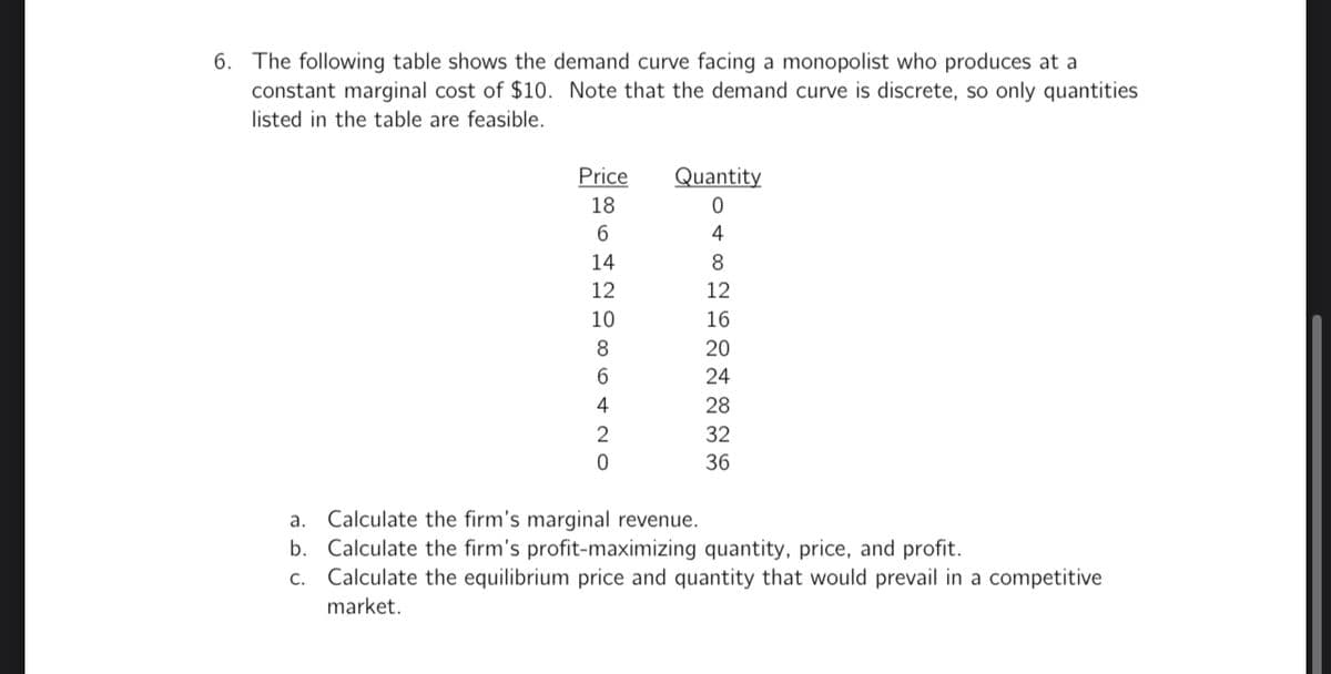 6. The following table shows the demand curve facing a monopolist who produces at a
constant marginal cost of $10. Note that the demand curve is discrete, so only quantities
listed in the table are feasible.
Price
18
6
14
12086420
Quantity
0
4
CONDH500+
12
16
20
24
28
32
36
a. Calculate the firm's marginal revenue.
b.
Calculate the firm's profit-maximizing quantity, price, and profit.
c. Calculate the equilibrium price and quantity that would prevail in a competitive
market.