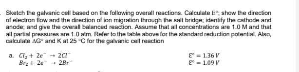 Sketch the galvanic cell based on the following overall reactions. Calculate E°; show the direction
of electron flow and the direction of ion migration through the salt bridge; identify the cathode and
anode; and give the overall balanced reaction. Assume that all concentrations are 1.0 M and that
all partial pressures are 1.0 atm. Refer to the table above for the standard reduction potential. Also,
calculate AG° and K at 25 °C for the galvanic cell reaction
a. Clz + 2e-
- 201-
E° = 1.36 V
Brz + 2e → 2Br
E° = 1.09 V
