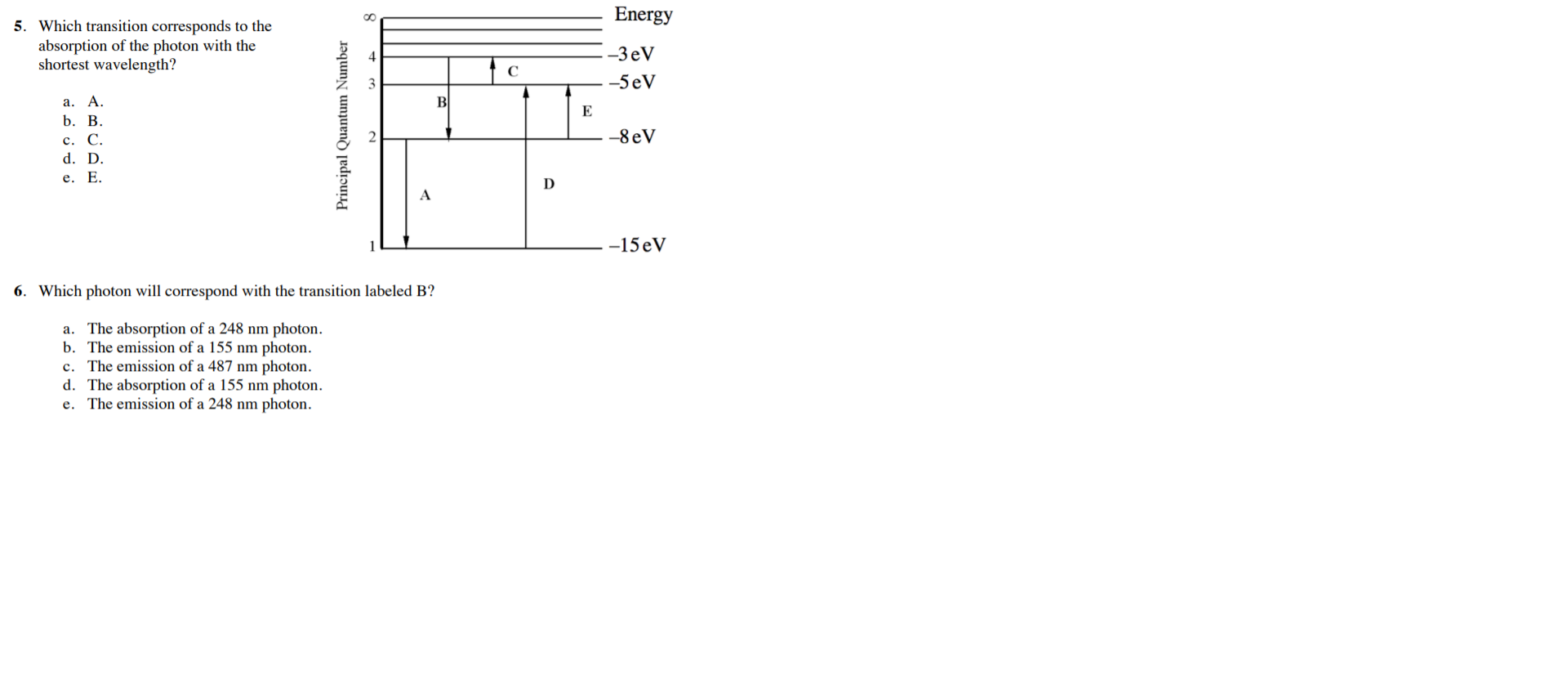 ### Quantum Transitions and Photons

In this exercise, we will analyze transitions between energy levels and their corresponding photon absorptions and emissions.

#### Diagram Explanation:
The diagram provided is an energy level diagram displaying different principal quantum numbers and their corresponding energy levels measured in electron volts (eV).

- **Principal Quantum Numbers (n):** These run along the vertical axis and are marked from n=1 to n=5.
- **Energy Levels:** The energy levels associated with each principal quantum number are marked. For instance:
  - n=1 has an energy of -15 eV.
  - n=2 has an energy of -8 eV.
  - n=3 has an energy of -5 eV.
  - n=4 has an energy of -3 eV.

#### Transitions:

- **Transition A:** From n=2 to n=1.
- **Transition B:** From n=3 to n=2.
- **Transition C:** From n=4 to n=3.
- **Transition D:** From n=4 to n=1.
- **Transition E:** From n=3 to n=4.

#### Questions:

**5. Which transition corresponds to the absorption of the photon with the shortest wavelength?**

The photon with the shortest wavelength corresponds to the largest energy difference. 

- A. A.
- B. B.
- C. C.
- D. D.
- E. E.

**6. Which photon will correspond with the transition labeled B?**

Transition B is from n=3 to n=2.

- A. The absorption of a 248 nm photon.
- B. The emission of a 155 nm photon.
- C. The emission of a 487 nm photon.
- D. The absorption of a 155 nm photon.
- E. The emission of a 248 nm photon.

To answer these questions correctly, remember that the energy of a photon is inversely proportional to its wavelength. The energy of the transition can be calculated using the formula:

\[ E = \frac{hc}{\lambda} \]

where \( h \) is Planck's constant, \( c \) is the speed of light, and \( \lambda \) is the wavelength. Large energy differences correspond to shorter wavelengths.