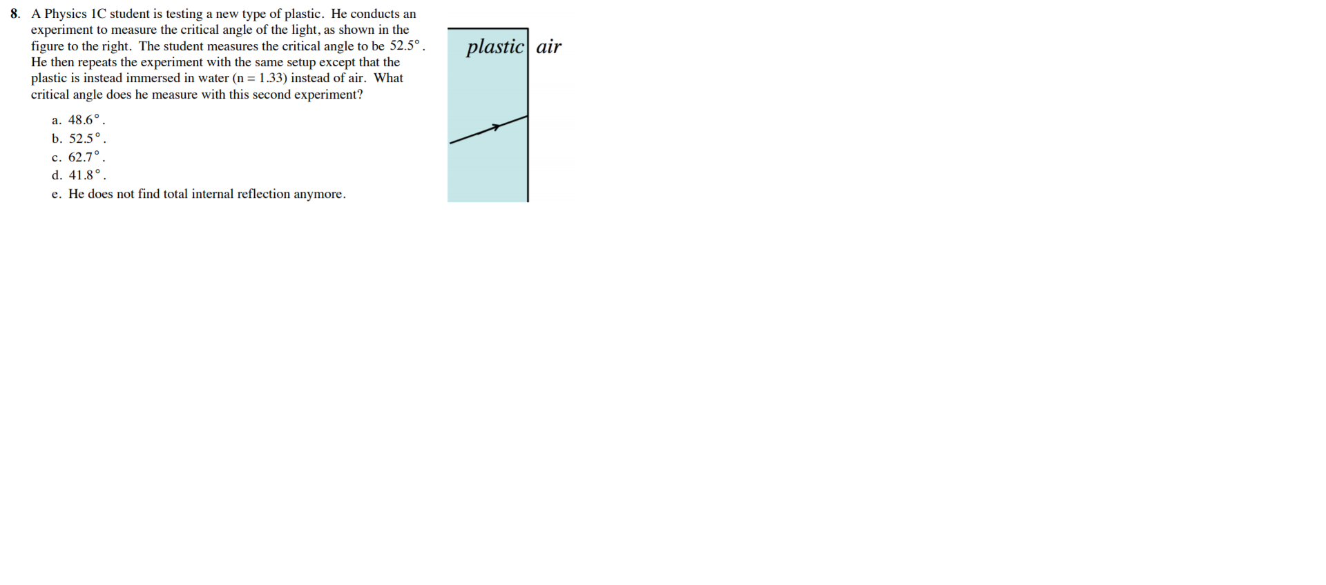 A Physics 1C student is testing a new type of plastic. He conducts an
experiment to measure the critical angle of the light, as shown in the
figure to the right. The student measures the critical angle to be 52.5°.
He then repeats the experiment with the same setup except that the
plastic is instead immersed in water (n = 1.33) instead of air. What
critical angle does he measure with this second experiment?
plastic air
a. 48.6°.
b. 52.5°.
c. 62.7°.
d. 41.8°.
e. He does not find total internal reflection anymore.
