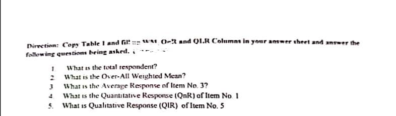 Dirretion: Copy Table I and fil! :WM O~X and QLR Columns in your answer theet and anrwer the
following questions being asked. i
1.
2 What is the Over-All Weighted Mean?
3 What is the Avernge Response of Item No. 3?
What is the Quantitative Response (QnR) of Item No 1
5. What is Qualitative Response (QIR) of Item No. 5
What is the total respondent?
