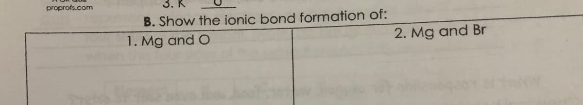 proprofs.com
3. K
B. Show the ionic bond formation of:
1. Mg and O
2. Mg and Br
