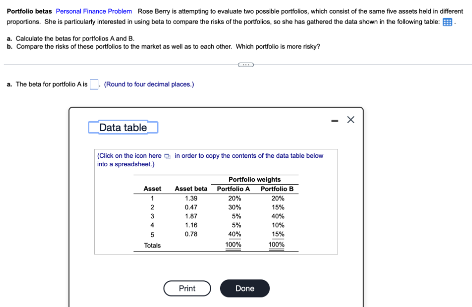 Portfolio betas Personal Finance Problem Rose Berry is attempting to evaluate two possible portfolios, which consist of the same five assets held in different
proportions. She is particularly interested in using beta to compare the risks of the portfolios, so she has gathered the data shown in the following table:
a. Calculate the betas for portfolios A and B.
b. Compare the risks of these portfolios to the market as well as to each other. Which portfolio is more risky?
a. The beta for portfolio A is
(Round to four decimal places.)
Data table
(Click on the icon here in order to copy the contents of the data table below
into a spreadsheet.)
Asset
1
2
3
4
5
Totals
Asset beta
1.39
0.47
1.87
1.16
0.78
Print
Portfolio weights
Portfolio A
20%
30%
5%
5%
40%
100%
Done
Portfolio B
20%
15%
40%
10%
15%
100%
X