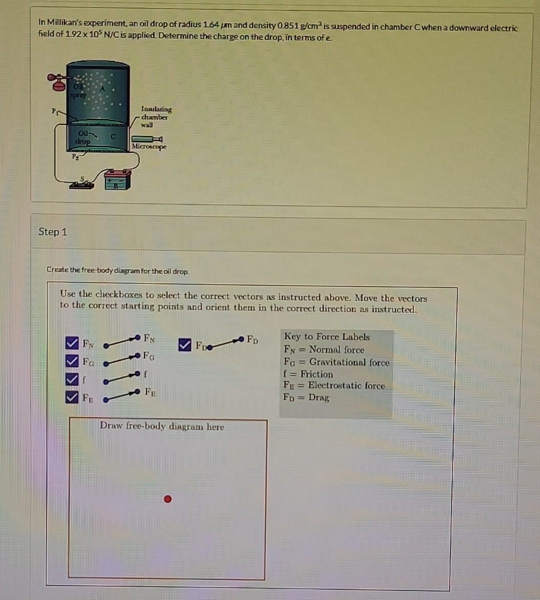 In Millikan's experiment, an oil drop of radius 164 pm and density 0.851 g/cm³ is suspended in chamber C when a downward electric
field of 192 x 105 N/C is applied. Determine the charge on the drop. in terms of e
Step 1
63
drop
Create the free-body diagram for the oil drop.
>>>>
Use the checkboxes to select the correct vectors as instructed above. Move the vectors
to the correct starting points and orient them in the correct direction as instructed.
FN
Insulating
chamber
FG
Microscope
FE
FN
FG
FE
FI
Draw free-body diagram here
FD
Key to Force Labels
FN Normal force
FG Gravitational force
f= Friction
FE Electrostatic force
FD=Drag