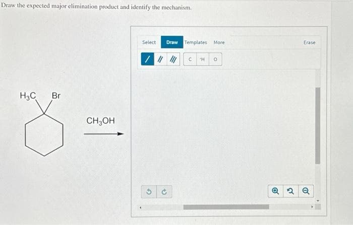 Draw the expected major elimination product and identify the mechanism.
H3C Br
CH3OH
Select Draw Templates More
/ || ||| C
→
"H
O
Erase
Q2 Q