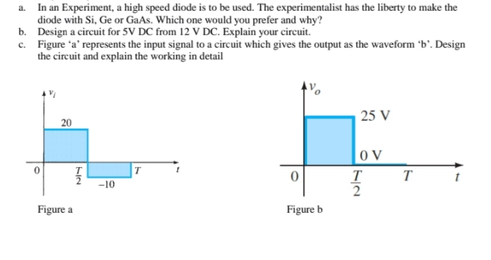 a. In an Experiment, a high speed diode is to be used. The experimentalist has the liberty to make the
diode with Si, Ge or GaAs. Which one would you prefer and why?
b. Design a circuit for 5V DC from 12 V DC. Explain your circuit.
c. Figure 'a' represents the input signal to a circuit which gives the output as the waveform 'b'. Design
the circuit and explain the working in detail
25 V
20
O V
T
T
2
T.
-10
Figure a
Figure b
