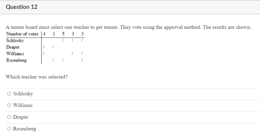 Question 12
A tenure board must select one teacher to get tenure. They vote using the approval method. The results are shown.
Number of votes |4 1 5 3 3
Schlosky
Draper
Williams
Rosenberg
Which teacher was selected?
O Schlosky
O Williams
O Draper
O Rosenberg
