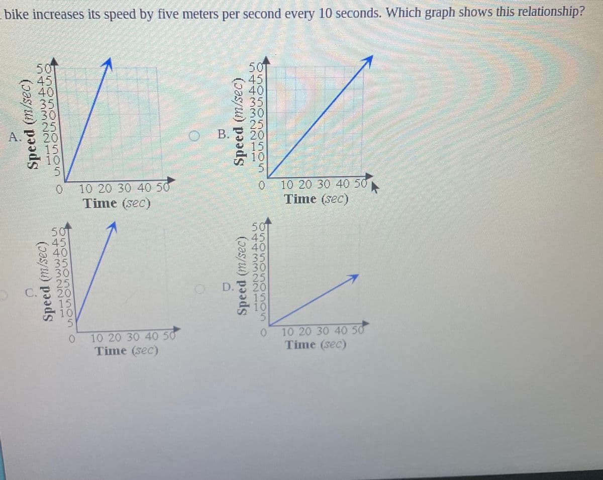 bike increases its speed by five meters per second every 10 seconds. Which graph shows this relationship?
501
45
50
45
40
35
30
25
35
A.
B.
010 20 30 4050
Time (sec)
10 20 30 4050
Time (sec)
50
10
35
30
D.
C.
10 20 30 40 50
Time (sec)
10 20 30 40 50
Time (sec)
Snonon onon o
n44332211
Speed (m/sec)
Speed (m/sec)
nttmm2211
