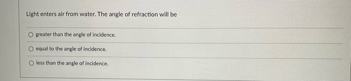 Light enters air from water. The angle of refraction will be
O greater than the angle of incidence.
O equal to the angle of incidence.
O less than the angle of incidence.
