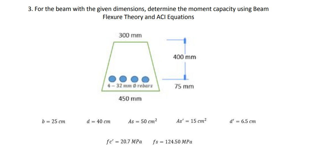 3. For the beam with the given dimensions, determine the moment capacity using Beam
Flexure Theory and ACI Equations
300 mm
400 mm
4-32 mm Ørebars
75 mm
450 mm
As' = 15 cm²
d' = 6.5 cm
b = 25 cm
As = 50 cm²
fc' = 20.7 MPa fs = 124.50 MPa
d = 40 cm