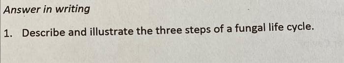 Answer in writing
1. Describe and illustrate the three steps of a fungal life cycle.
