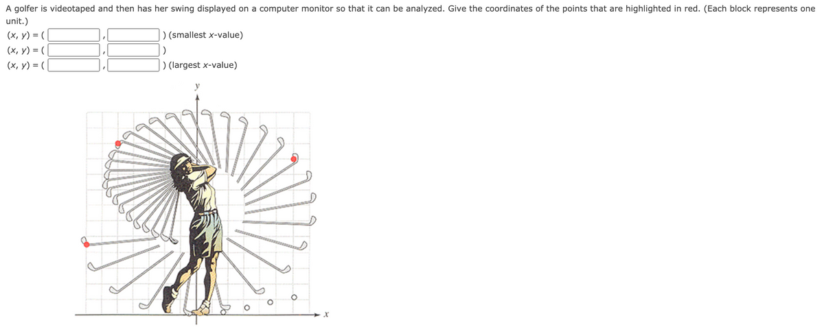 A golfer is videotaped and then has her swing displayed on a computer monitor so that it can be analyzed. Give the coordinates of the points that are highlighted in red. (Each block represents one
unit.)
(x, y) = (
(х, у) %3D (
(x, y) = (
) (smallest x-value)
)
) (largest x-value)
